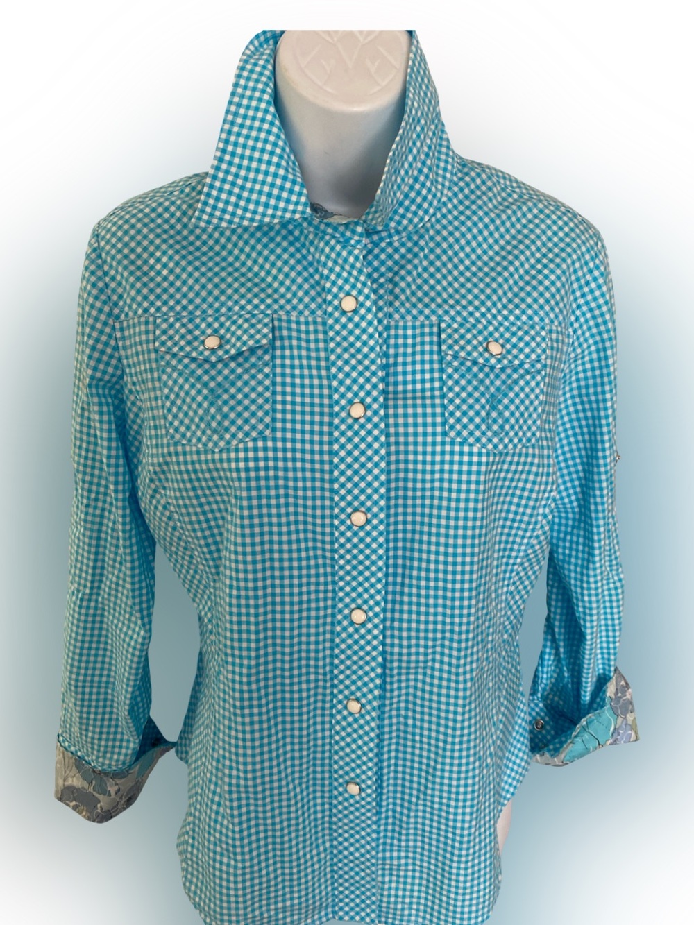 Faconnable Turquoise and White Gingham Button Shirt